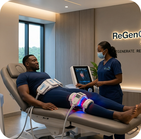 Patient undergoing leg muscle wraps treatment
